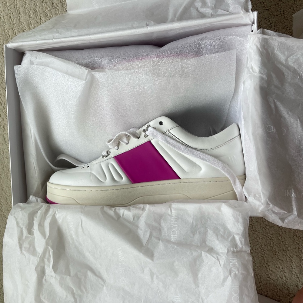 LIKE NEW- Jimmy Choo White and Pink Hawaii Sneakers